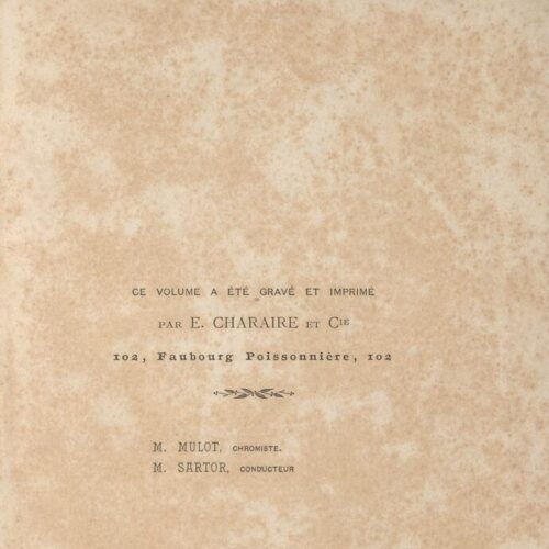 18 x 12 εκ. 6 σ. χ.α. + 192 σ. + 6 σ. χ.α., όπου στη ράχη η τιμή του βιβλίου “3 fr. 50�